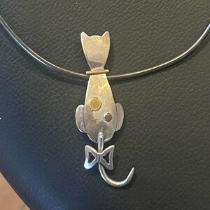 Taxco Mexico CAT sterling copper Necklace Pin Swinging Tail CUTE Unique